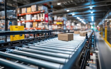 Fototapeta premium Cardboard box on conveyor belt in warehouse