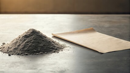 A Pile Of Gray Ash Next To A Folded Sheet Of Brown Paper On A Dark Table Surface