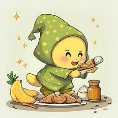 Charming Whimsical Character Delights in a Sweet Dessert Feast, Surrounded by Bananas and Scrumptious Pastries, a Cozy and Happy Food Illustration