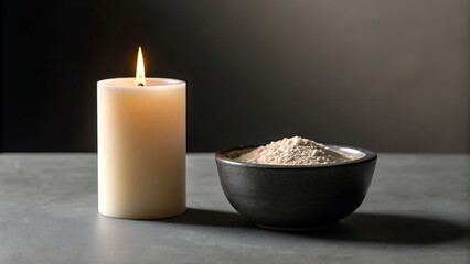 A lit white candle stands beside a dark bowl filled with light brown sand on a gray textured surface with a dark background