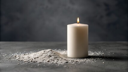 A Single White Candle Burns Brightly Beside a Pile of Ash and Debris on a Textured Gray Surface