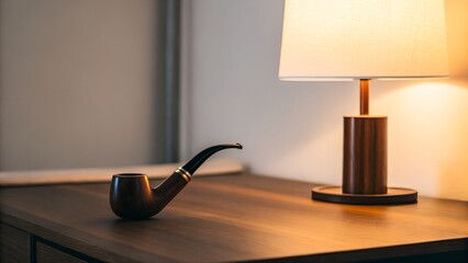 A Wooden Tobacco Pipe Rests on a Dark Wood Table Next to a Warmly Lit Lamp with a Cream Shade