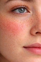 Close up portrait showing red skin on a cheek with freckles possibly rosacea or flushing