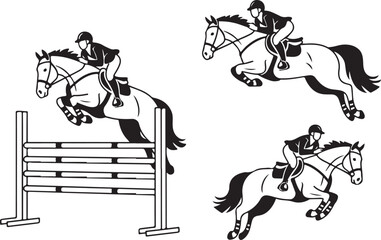 Horse and rider show jumping silhouettes in dynamic motion, equestrian sport illustration for competitive riding, athlete performance, and active lifestyle design