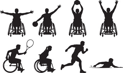 Inclusive sports silhouette illustration, adaptive athlete vector, wheelchair tennis basketball design sketch, running swimming activity outline, fitness diversity graphic, physical exercise art © Masud