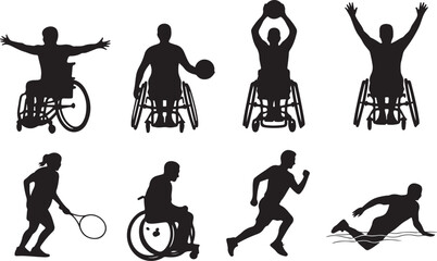 Inclusive sports silhouette illustration, adaptive athlete vector, wheelchair tennis basketball design sketch, running swimming activity outline, fitness diversity graphic, physical exercise art