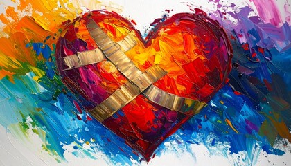Abstract Heart Oil Painting with Cross Bandages for Emotional Healing and Resilience