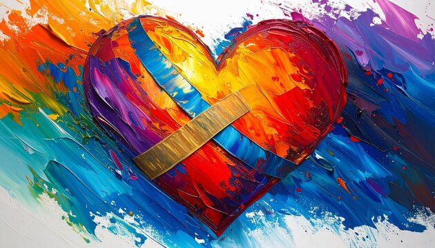 Abstract Vibrant Heart Oil Painting with Adhesive Bandage for Emotional Healing Concept