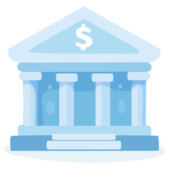 Illustration of a blue bank building with a dollar sign. Business symbol of economy on white background 