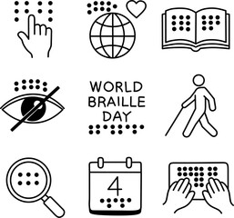 ​World Braille Day icon set featuring accessibility symbols and tactile reading elements. Linear vector illustration style