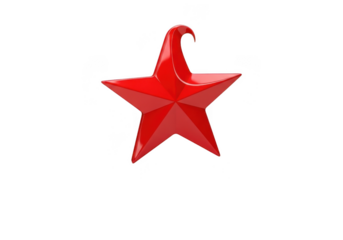 A shiny, red, fivepointed star with a decorative, curved hook at the top, isolated on a transparent background