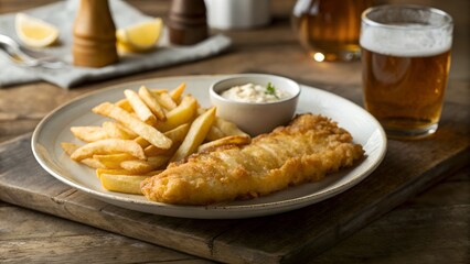 Crispy Golden Fried Fish With Thick Cut French Fries Served With Tartar Sauce And A Pint Of Beer