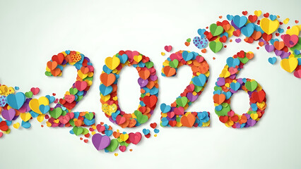 Colorful hearts forming the year 2026 on white background, festive and joyful