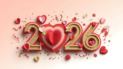 2026 New Year Celebration with Red Hearts and Confetti