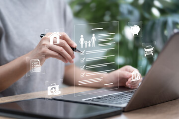 Family income, Expense planning concept, Woman reviewing household budget checklist, Monthly finances, Saving plans, cost control, financial stability, Home economy, Future family financial security