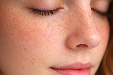 Naklejka premium Close up portrait of a serene woman with natural freckles on her cheek and nose