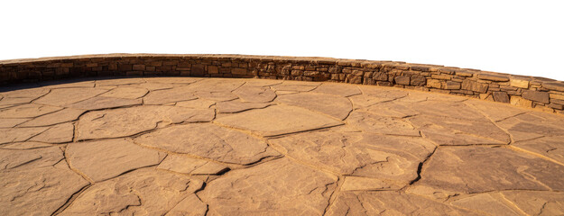 Old Brown Stone Floor With Rock Wall features cracked sandstone pavement with curved masonry structure and rough texture details