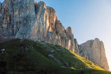 Bolshoy Tkhach rocky mount in Caucasus with sunrise light