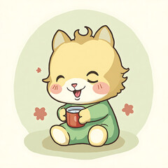 Adorable Cartoon Pet Character Enjoying a Warm Drink in Cozy Pajamas, Radiating Happiness and Comfort with a Sweet Smile, Ideal for Children's Designs