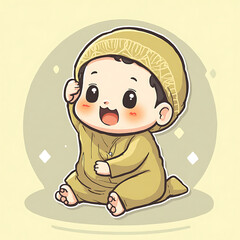 Adorable cartoon baby dressed in traditional Islamic attire, exuding cheerful innocence and sweet happiness with a playful gesture, perfect for celebrating new life and joy and cultural heritage