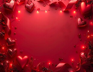 Valentine's Day red background, ribbons, hearts, red lights, all elements around, big empty space in the middle, top view.