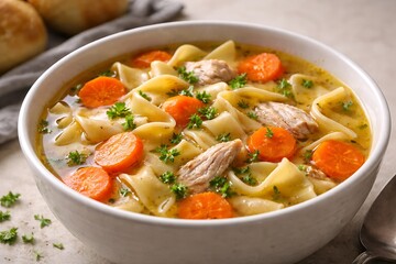 A comforting bowl of homemade chicken noodle soup with carrots and egg noodles