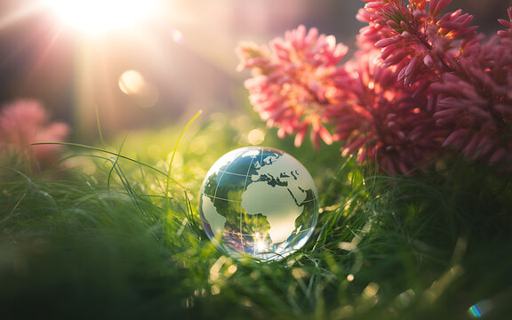 Crystal globe with a world map pattern rests on fresh green grass near vibrant pink flowers - Powered by Adobe