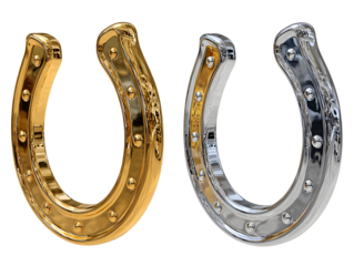 A pair of metallic horseshoes one gold and one silver on a black background