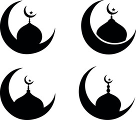 Islamic crescent moon and mosque designs in a simple black and white style