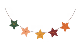 A garland of five felt stars in autumn colors, strung on a thin wire and isolated on a transparent background