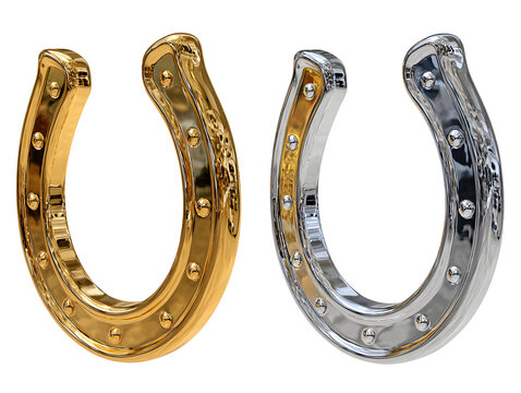 A pair of metallic horseshoes one gold and one silver on a black background