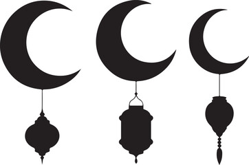 Three crescent moons with hanging lanterns in a simple black and white design
