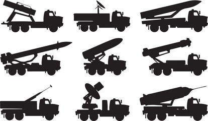 Mobile Missile Launchers and Air Defense Systems Silhouettes Vector Icons, Military Technology, Army, Weaponry, Defense, Security, War, Illustration, Collection
