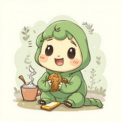 A delightful illustration of an adorable baby in a cozy green hooded outfit, joyfully savoring a homemade cookie with a warm mug beside, perfect for charming designs