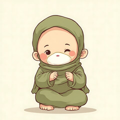 Chibi style illustration of a cute baby wearing a green hijab, winking playfully, perfect for cultural or religious themes