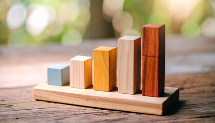 Wooden bar chart blocks ascending on natural background
