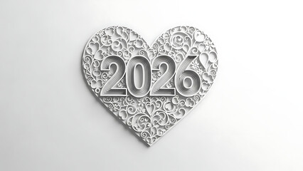 Silver heart with 2026, decorative filigree design, new year symbol