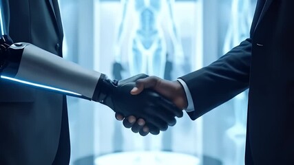 Human and robot handshake symbolizing future technology collaboration and partnership. - Powered by Adobe