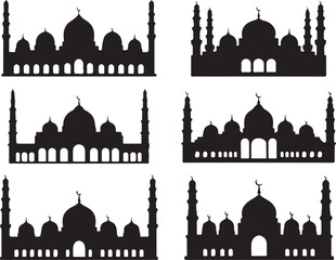 Silhouettes of ornate islamic mosques and architectural designs in black