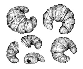 Set of whole and broken Croissants. Hand drawn sketch of French Viennoiserie made from a laminated yeast dough. Sweet baked breakfast pastries. Food menu design element. Vector illustration