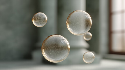 Floating transparent bubbles with golden rim against blurred interior, symbolizing lightness and purity for wellness and serenity concept
