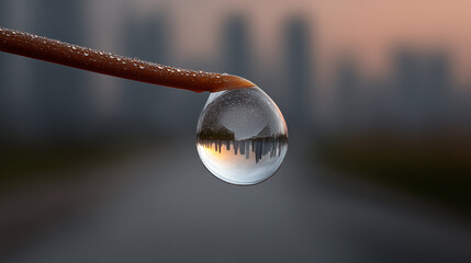 Water droplet hanging from branch with urban reflection inside, showcasing nature and environment conservation concept