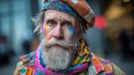 Senior street artist creating in a colorful city alley