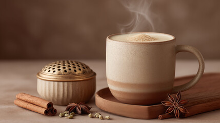 Steaming chai latte in ceramic mug with cinnamon and star anise, warm aromatic beverage for cozy relaxation and comfort concept