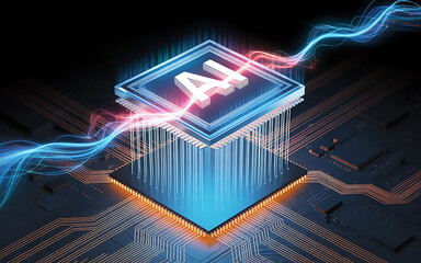 Artificial intelligence chip processing data with vibrant energy on a futuristic circuit board