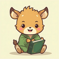 Adorable Little Fawn Immersed in the World of Stories, Cradling an Old Book with Gentle Curiosity and Sweet Fascination