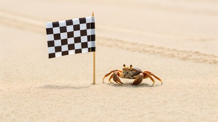 A Crab Stands Beside a Checkered Flag on a Sandy Beach in Sunlight