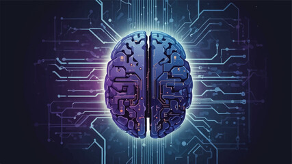 Artificial Intelligence Concept Illustration with Human Brain and Digital Circuit