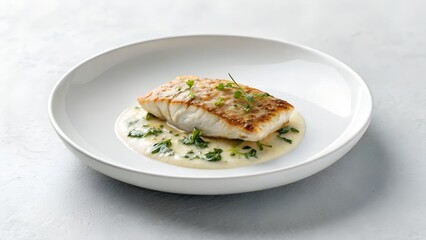 A Perfectly Cooked Fillet of White Fish Served with a Creamy Sauce and Fresh Herbs on a White Plate