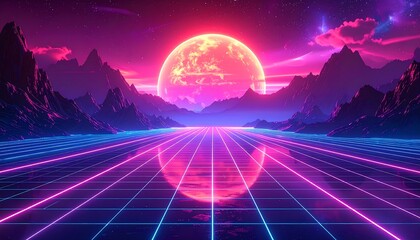 A vibrant synthwave landscape featuring a grid road leading towards a glowing, spherical object setting between mountains